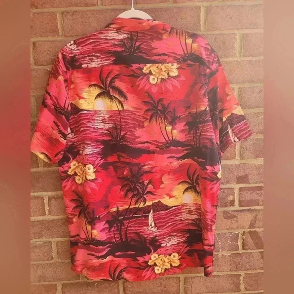 Men's L Design in Italy Hawaiian Shirt Short Sleeve Rayon Palms Boats Sunset - Picture 2 of 8